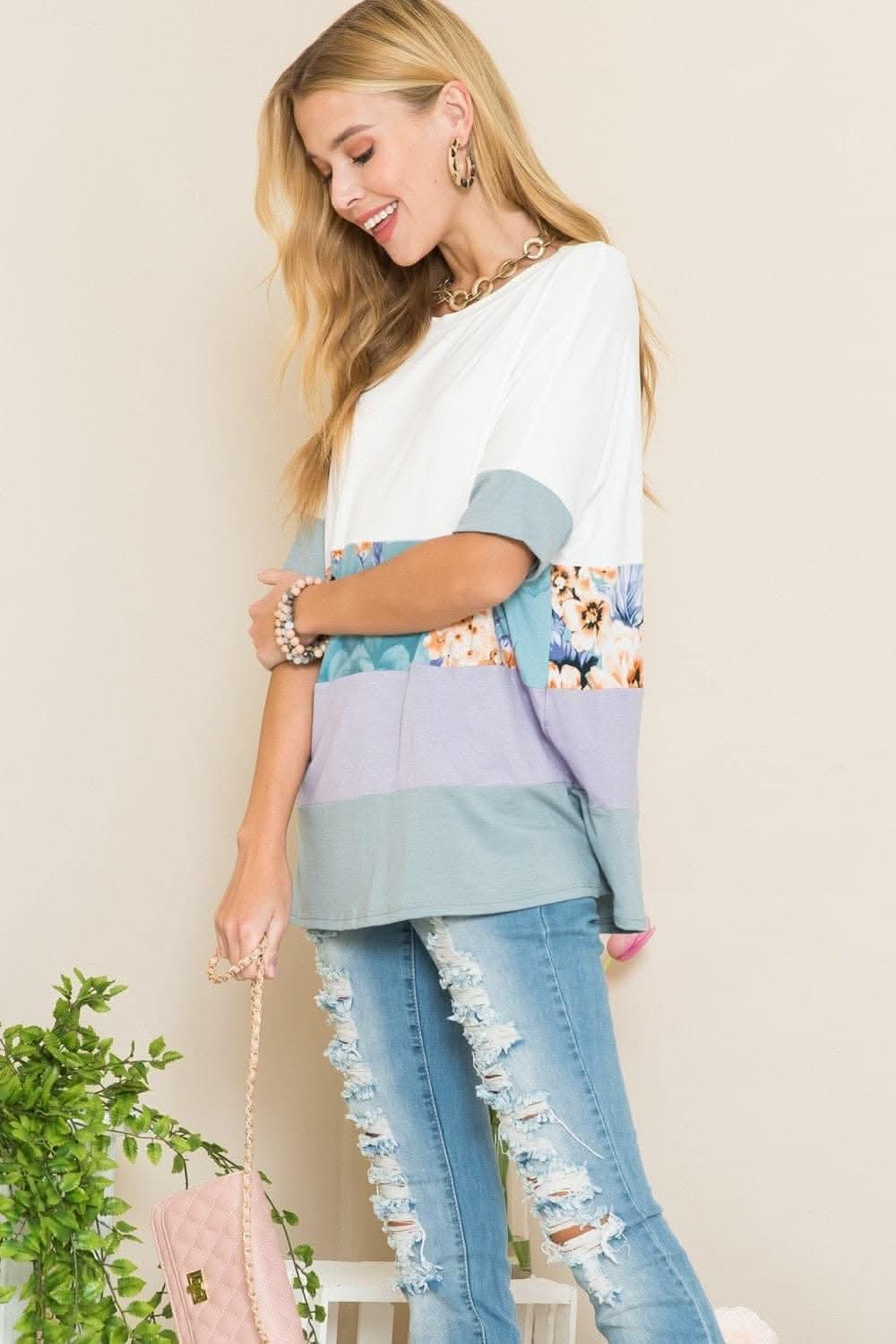 Celeste color block t-shirt in ivory and lilac - Love Salve